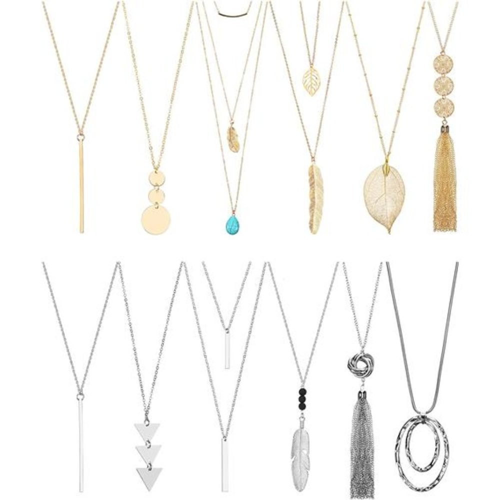 12 Pieces Long Pendant Necklace Set Y Tassel Leaf Circle Bar Necklace for Women